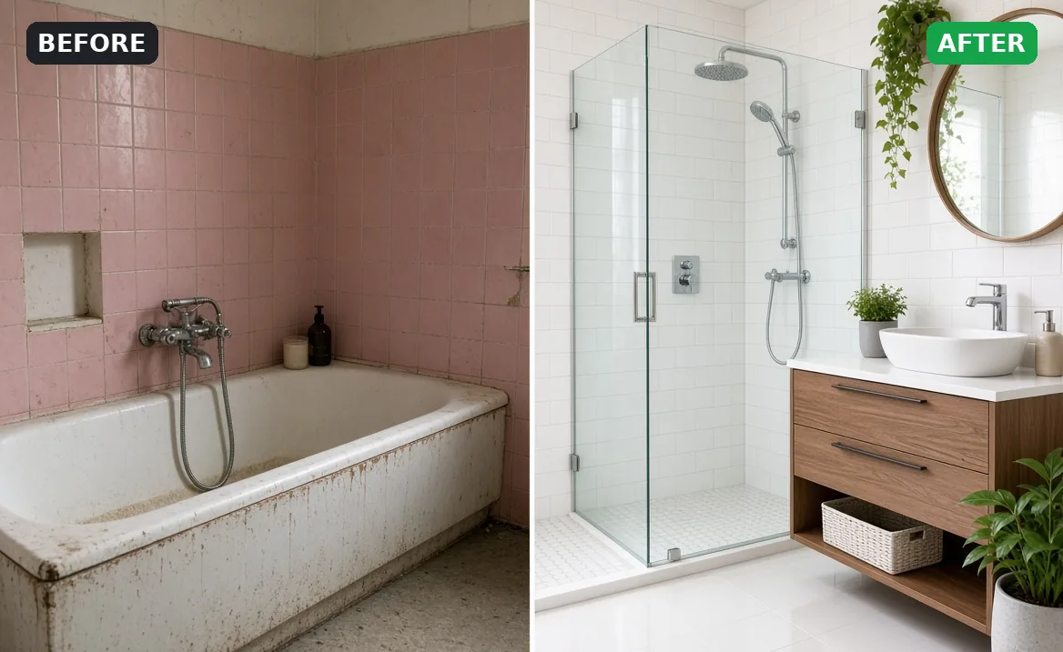 Before and after: old pink tile bathroom remodeled with a glass shower