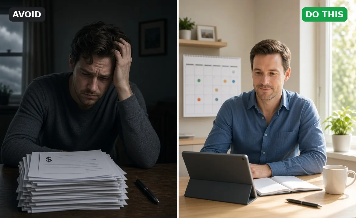 Avoid vs. do this: stressed homeowner with stacked bills vs. a planned payment calendar