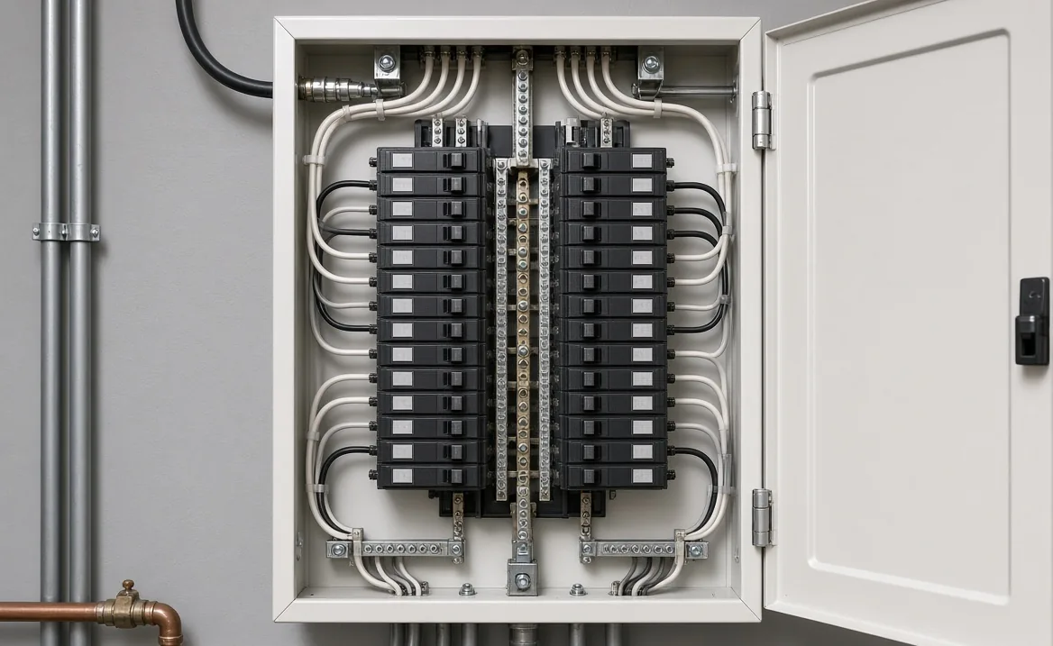 New residential breaker panel with neatly routed wiring