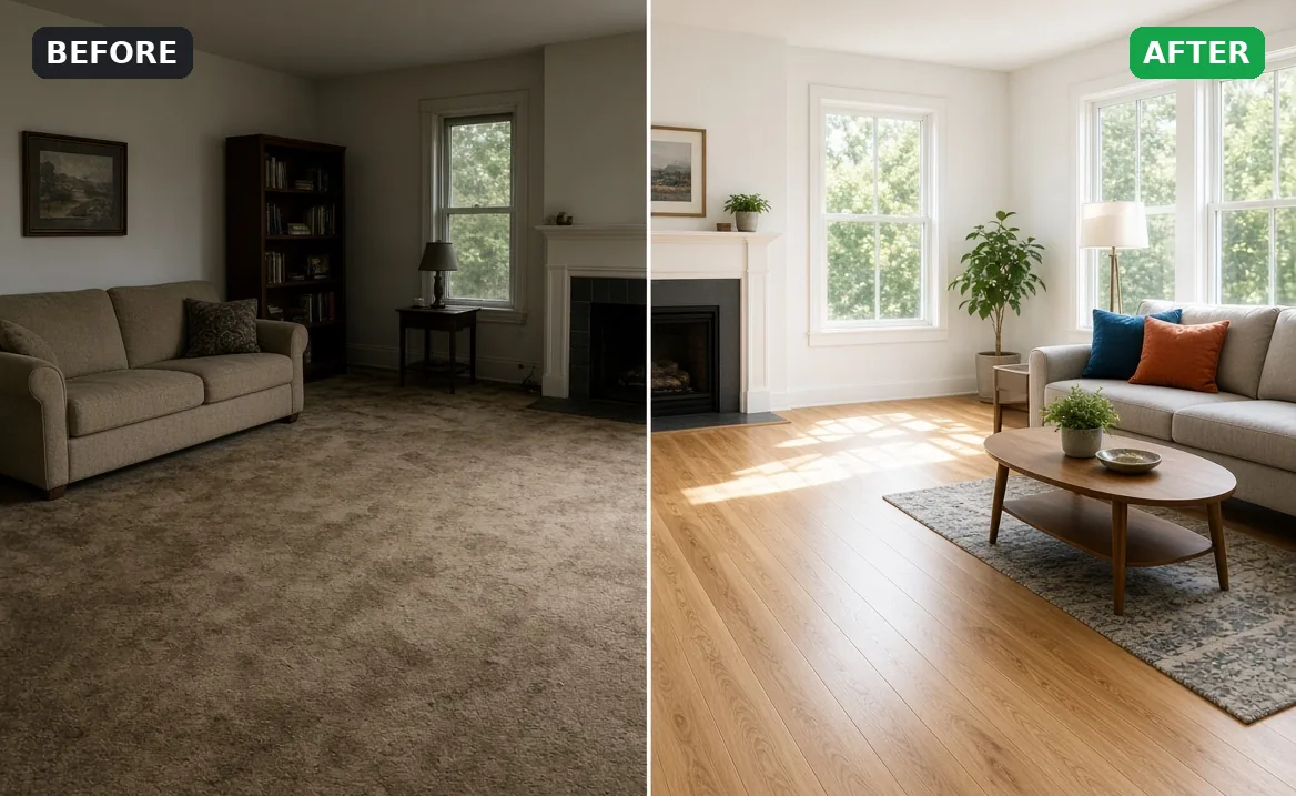 Before and after: worn carpet replaced with a light wood plank floor