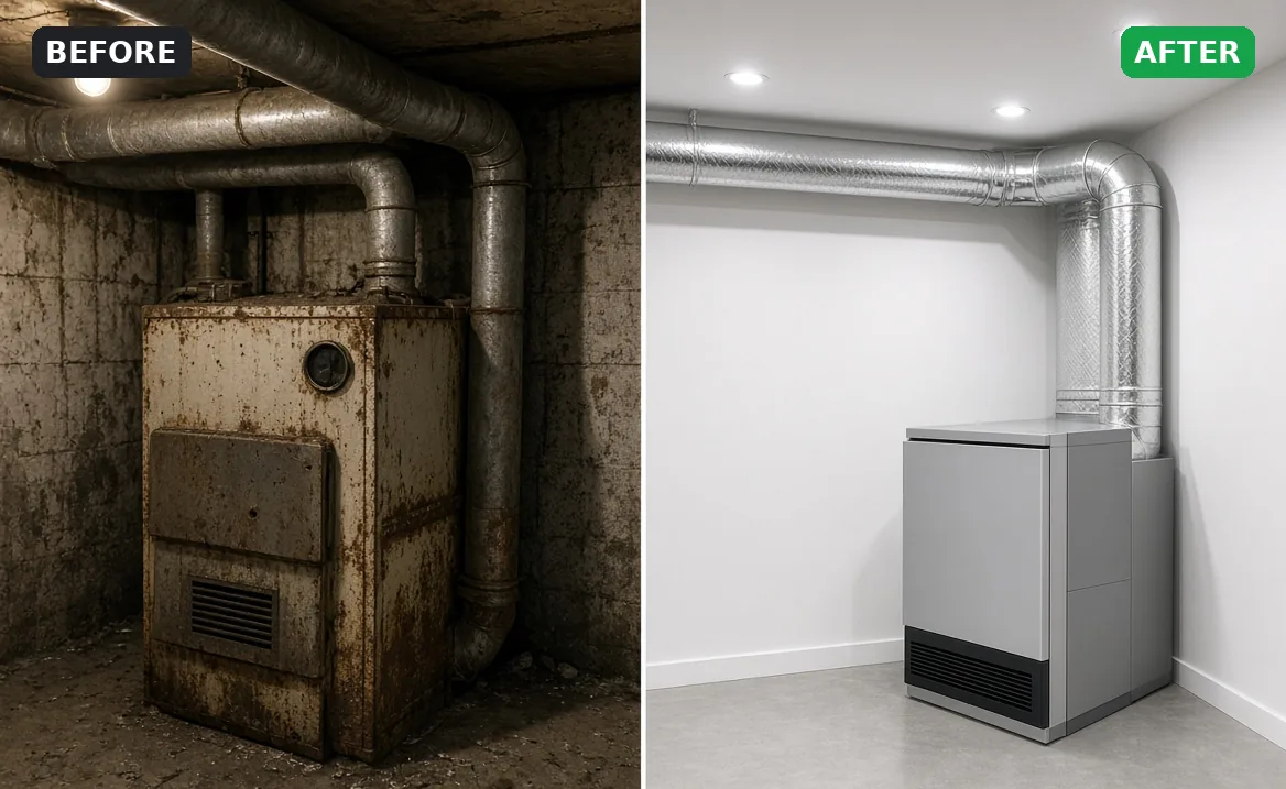 Before and after: rusty old furnace replaced with a clean modern heating system