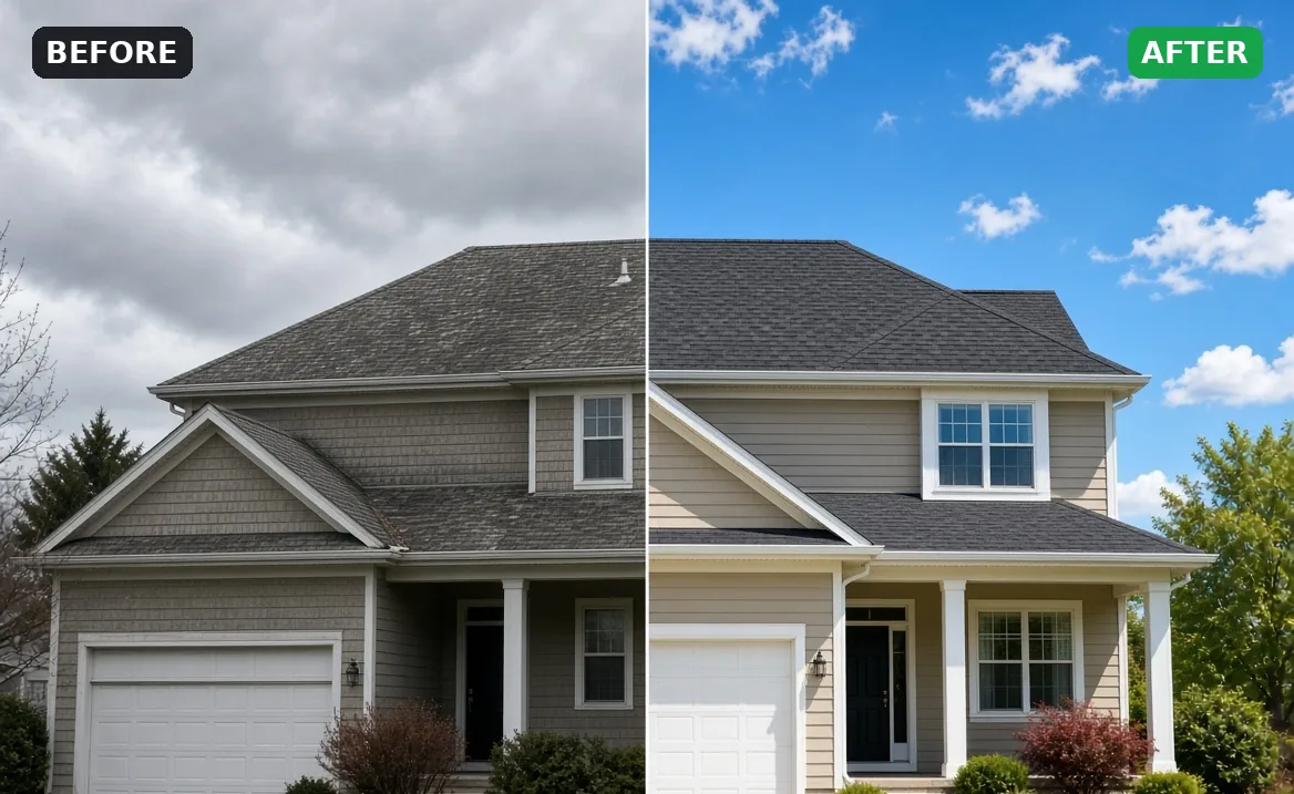 Before and after: old stained roof replaced with new dark architectural shingles