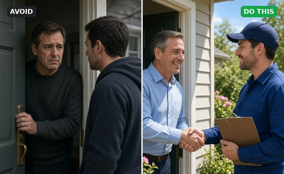 Avoid vs. do this: stranger at the door vs. a uniformed contractor with a clipboard