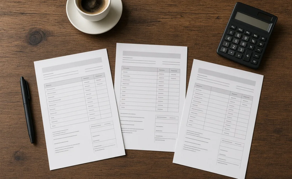 Three contractor quotes on a table with a pen, calculator and coffee