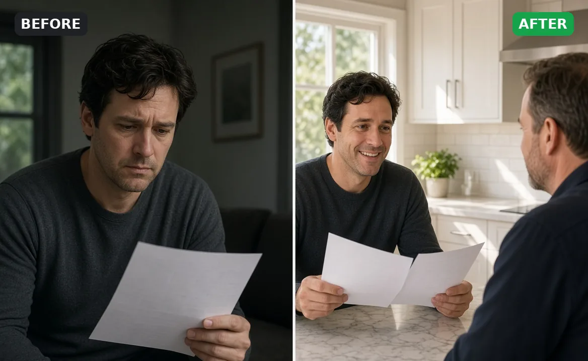 Before and after: worried homeowner with one quote, then smiling while comparing quotes