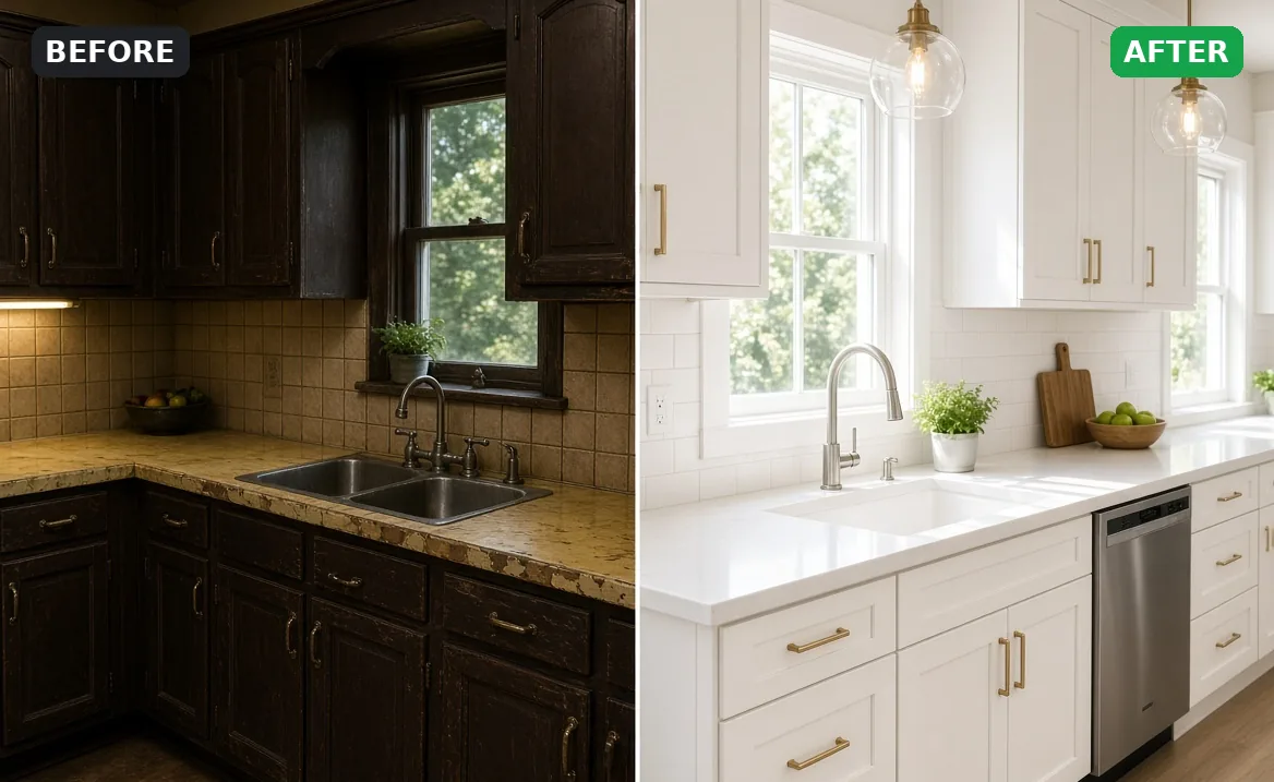 Before and after: dark dated kitchen remodeled with white cabinets and quartz counters