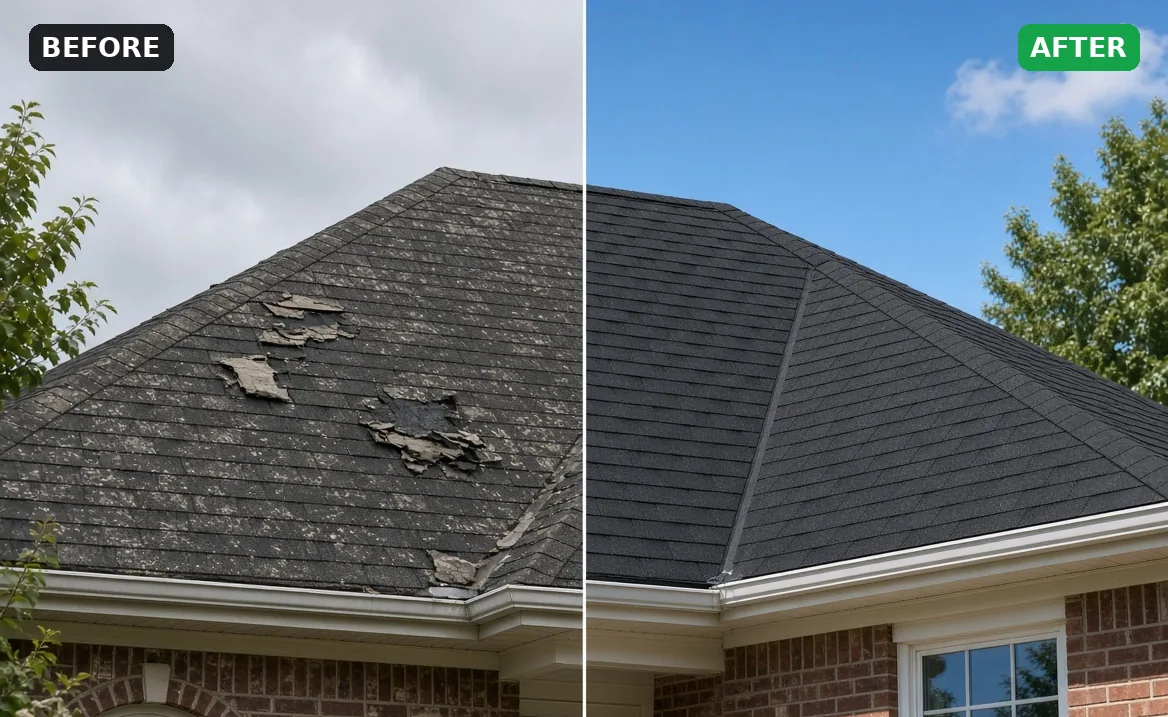 Before and after: damaged shingles replaced with a new roof